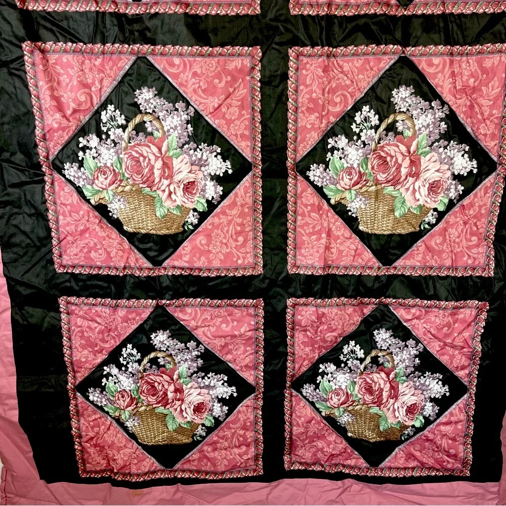 Vintage Handmade Quillow Quilted Pillow Blanket Travel Roses Pink & Black